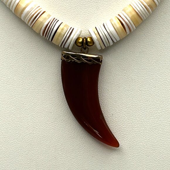Vintage Shell Heishi Bead Necklace Carnelian Claw Pendant Tribal Boho 16 - Picture 14 of 14